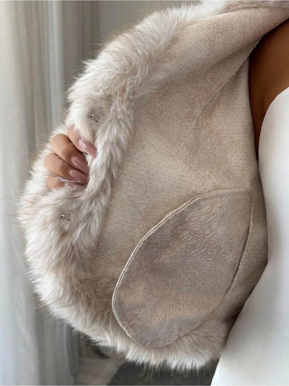 Lux Faux Fur Cropped Jacket in Light Taupe - Picture 5 of 6